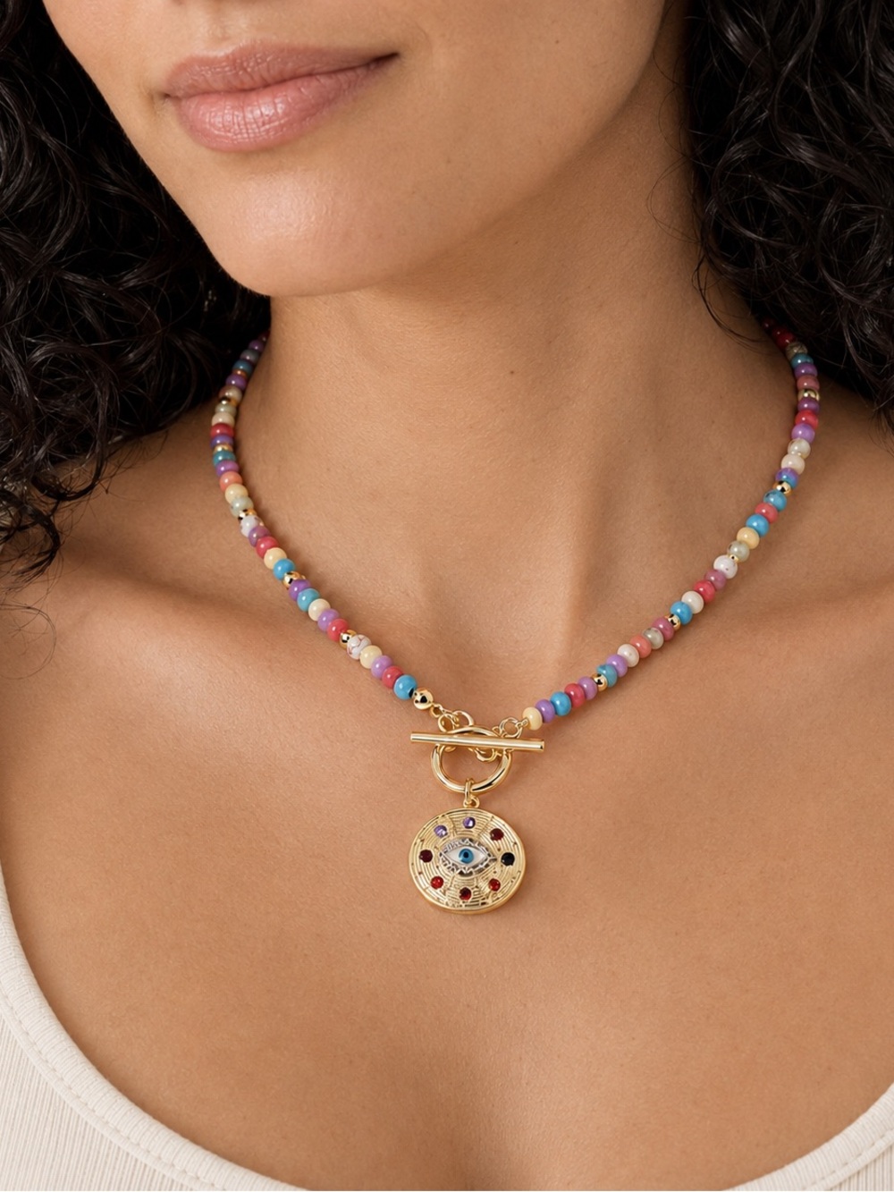 Gold Pendant Multicolor Beaded Evil Eye Necklace